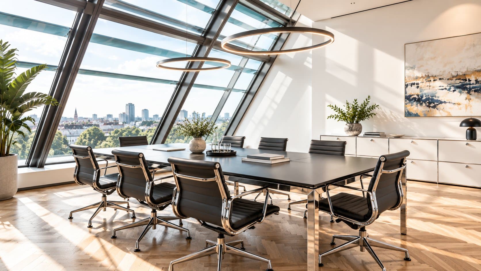 Heller Konferenzraum mit Blick über die Stadt